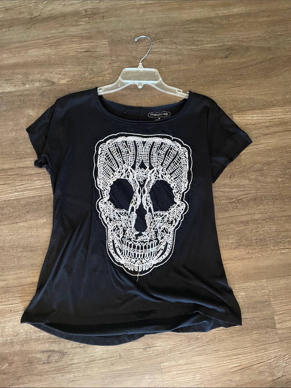 Maurices Black Short Sleeve Tee with White Lace Skull Graphic